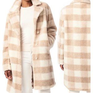 Bernardo Faux Fur Sherpa Check Coat/Nude Plaid/Size XS/polyester wool blend